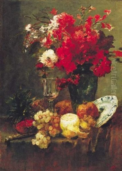 Virag- Es Gyumolcscsendelet (still Life Of Flowers And Fruit; Collab. W/karlovszky Bertalan) Oil Painting by Mihaly Munkacsy