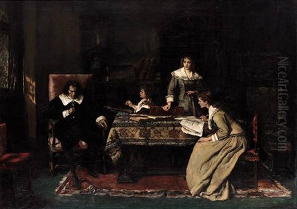 Milton And His Daughters Oil Painting by Mihaly Munkacsy