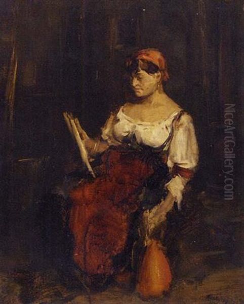 A Seated Lady Reading A Letter Oil Painting by Mihaly Munkacsy