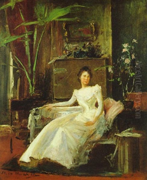 Dame In Weisem Kleid Oil Painting by Mihaly Munkacsy