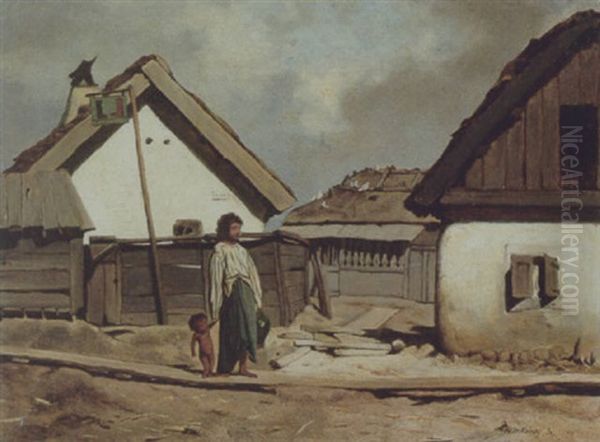 Mutter Mit Kind Vor Einem Dorf Oil Painting by Mihaly Munkacsy