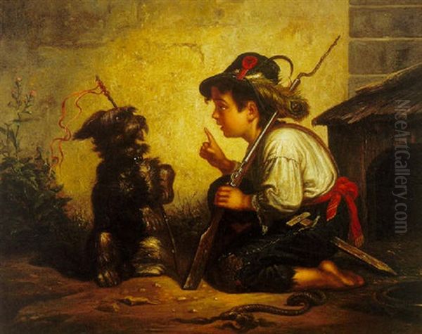 Soldaterkammerater, Lille Dreng Og Hund I Leg Foran Hundehus Oil Painting by Mihaly Munkacsy