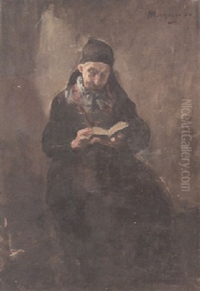 An Old Woman Reading A Book In An Interior Oil Painting by Mihaly Munkacsy