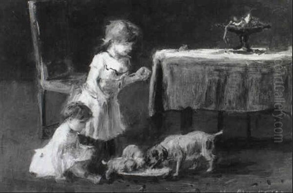 Futterung Der Kleinen Hunde Oil Painting by Mihaly Munkacsy