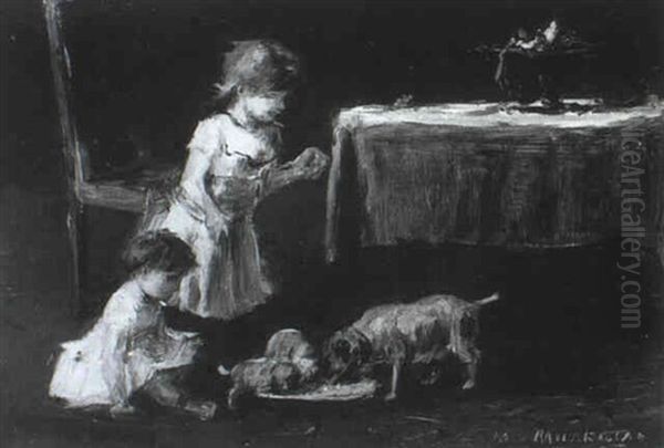 Zwei Junge Madchen Schauen Einer Hundefamilie Beim Fressen Zu Oil Painting by Mihaly Munkacsy