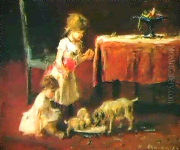 Futterung Der Kleinen Hunde Oil Painting by Mihaly Munkacsy