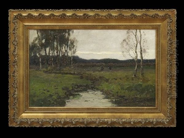 Autumnal River Landscape With Laborers Oil Painting by Xeno Muenninghoff