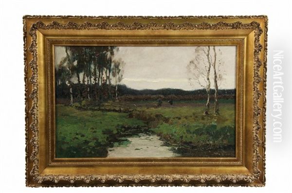 River Landscape With Laborers In Field Oil Painting by Xeno Muenninghoff