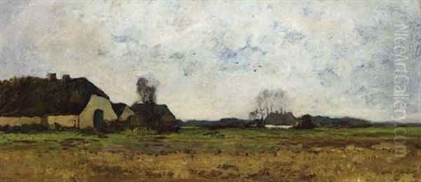 Farmhouses In An Extensive Landscape Oil Painting by Xeno Muenninghoff