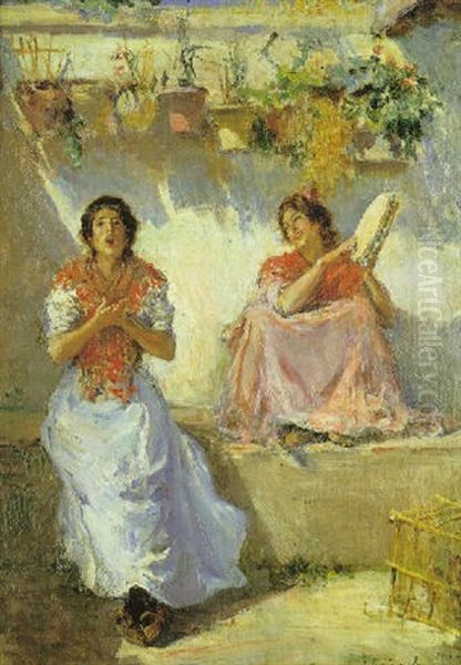 Granadinas Cantando En El Patio Oil Painting by Tomas Munoz Lucena