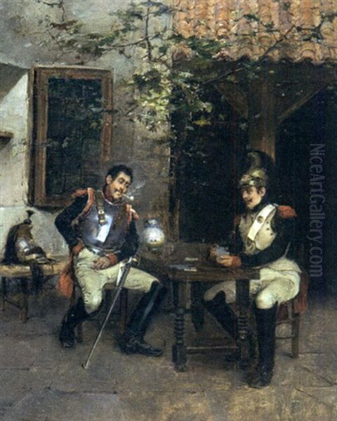 The Card Game Oil Painting by Domingo Munoz y Cuesta