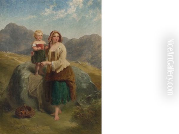 Mother And Child On Highland Hillside Oil Painting by Daniel Munro