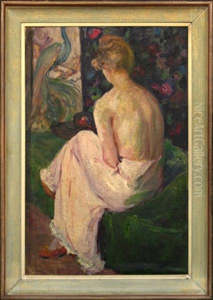 Portrait Of A Lady Seated By A Peacock Screen Oil Painting by Sarah Sewell Munroe