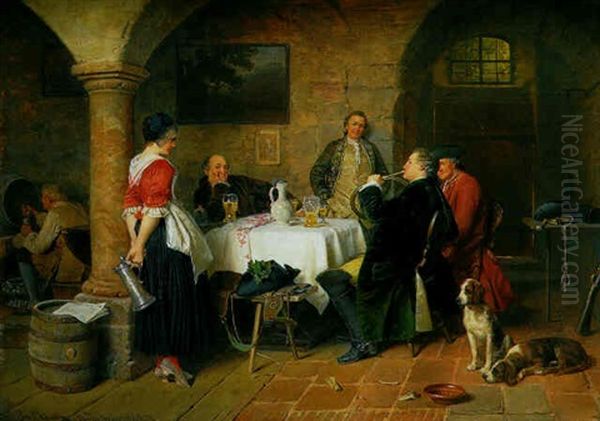 Jagdgesellschaft Beim Frohlichen Umtrunk Im Kellergewolbe Oil Painting by Josef Munsch