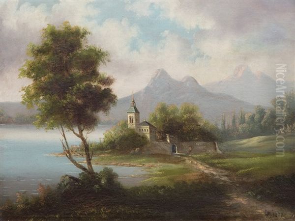 Church At The Lake Oil Painting by Leopold Munsch