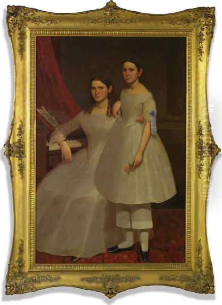 Two Young Sisters At The Pianoforte Oil Painting by Moses Billings