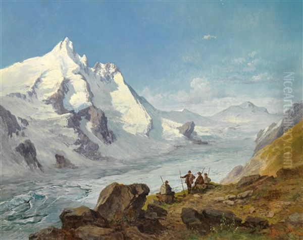 Bergsteigergruppe Am Rande Der Pasterze Am Fuse Des Grosglockners, Im Hintergrund Der Johannisberg Oil Painting by Leopold Munsch