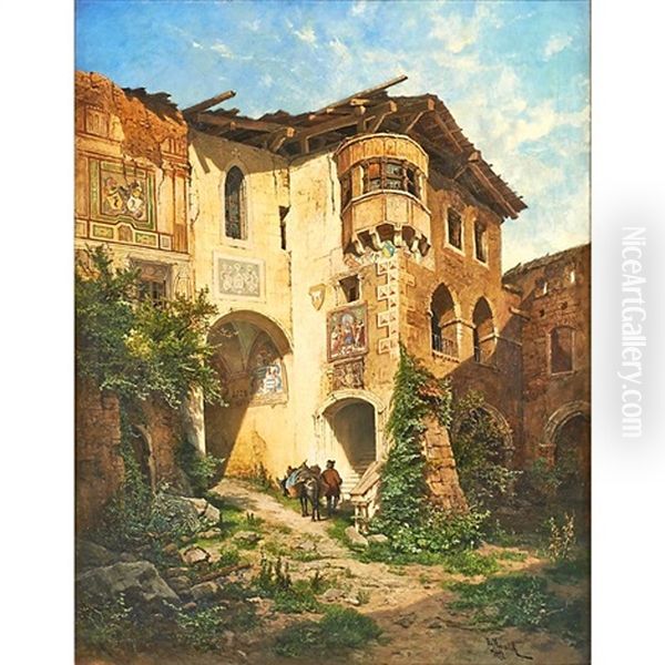 Castle Courtyard In The Ridges Oil Painting by Leopold Munsch