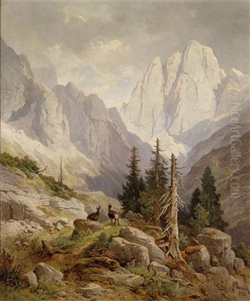 Gamsen Im Hochgebirge Oil Painting by Leopold Munsch