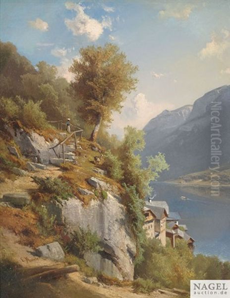 Sommerliche Landschaft Mit Blick Auf Den Hallstatter See Oil Painting by Leopold Munsch