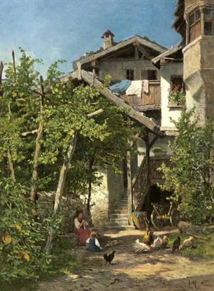 Sonnenbeschienener Garten Eines Bauernhauses, Mit Weinranken Und Melonenfruchten Oil Painting by Leopold Munsch