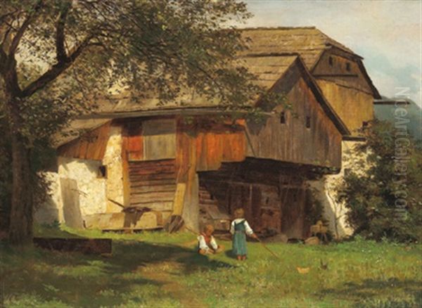 Bauerngehoft Mit Figurlicher Staffage Oil Painting by Leopold Munsch