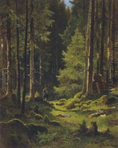 Jager Am Waldweg Oil Painting by Leopold Munsch