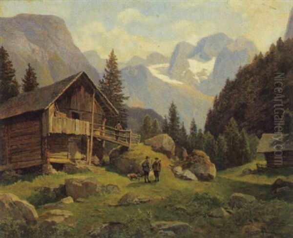 Jagdgesellschaft Mit Blick Auf Den Dachstein Oil Painting by Leopold Munsch