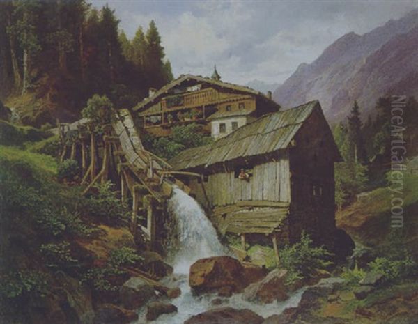 Muhle In Einer Berglandschaft Oil Painting by Leopold Munsch