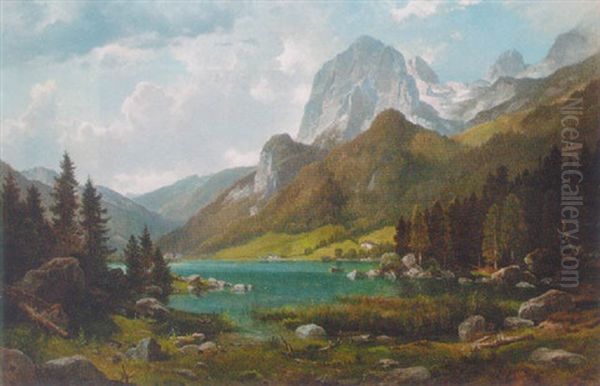 An Alpine River Landscape Oil Painting by Leopold Munsch