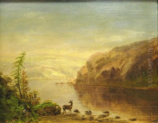 A View Of A Lake With Hills In The Distance And A Deer In The Foreground Oil Painting by Billman