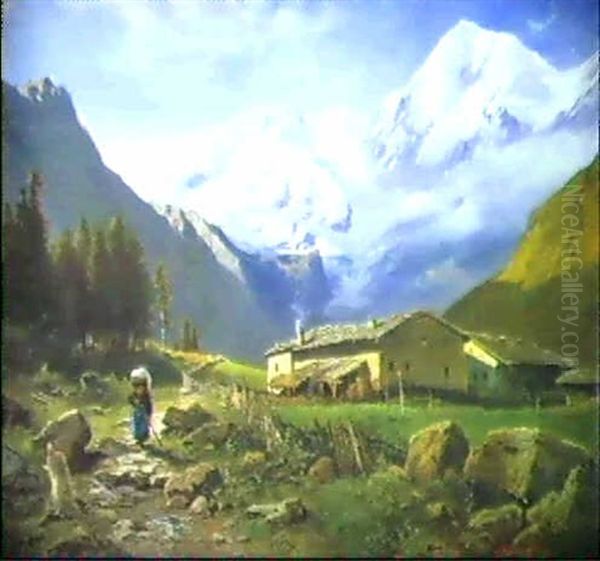 Bauernhof In Den Bergen Oil Painting by Leopold Munsch