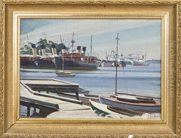 Icebreaker In Helsinki Oil Painting by Alarik (Ali) Munsterhjelm