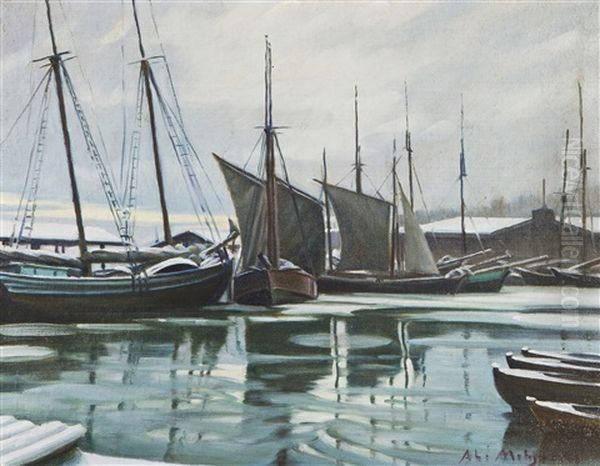 Boats On The River Aura Oil Painting by Alarik (Ali) Munsterhjelm