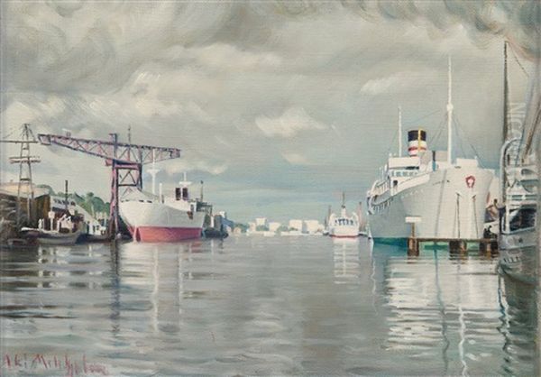 Harbour View Oil Painting by Alarik (Ali) Munsterhjelm