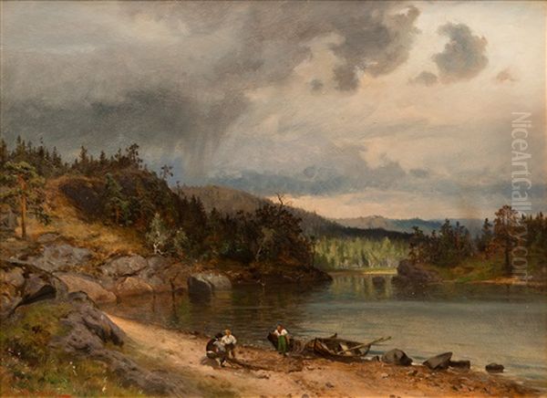 Fishermen On The Shore Oil Painting by Magnus Hjalmar Munsterhjelm