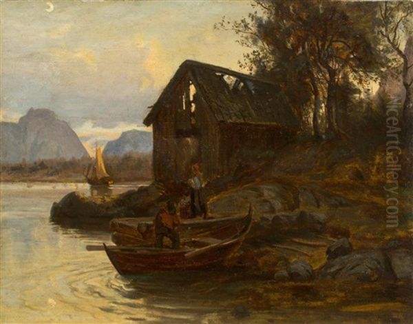 Hausruine Am Wasser Mit Booten Oil Painting by Magnus Hjalmar Munsterhjelm