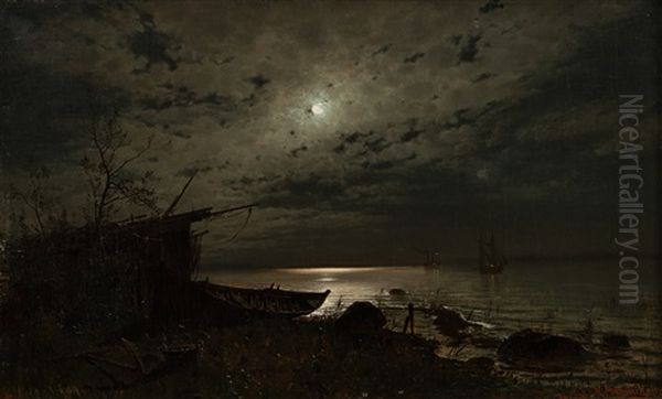 Moonlight Over The Sea Oil Painting by Magnus Hjalmar Munsterhjelm