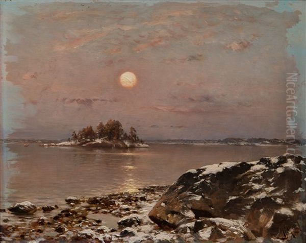 Moonlight Over The Fresh Snow Oil Painting by Magnus Hjalmar Munsterhjelm