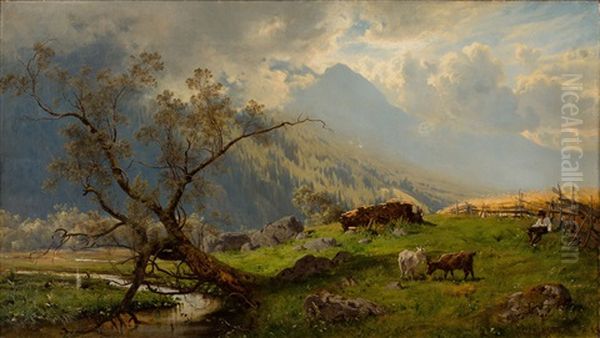 Shepherd In The Alps Oil Painting by Magnus Hjalmar Munsterhjelm