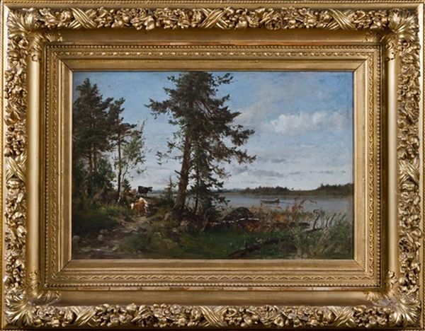 Cows By A Lake Oil Painting by Magnus Hjalmar Munsterhjelm