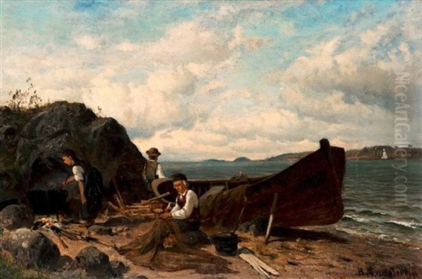 Fishermen On The Shore Oil Painting by Magnus Hjalmar Munsterhjelm