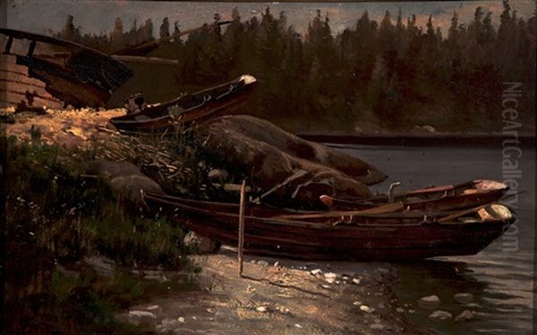 Rowing Boats On The Shore Oil Painting by Magnus Hjalmar Munsterhjelm