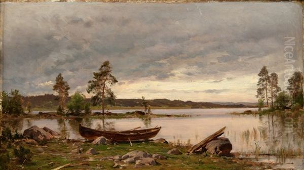 Boat On The Shore Oil Painting by Magnus Hjalmar Munsterhjelm