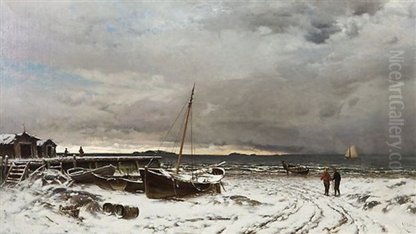 First Snow In The Archipelago Oil Painting by Magnus Hjalmar Munsterhjelm