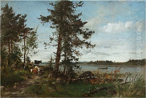 Cows By A Lake Shore Oil Painting by Magnus Hjalmar Munsterhjelm