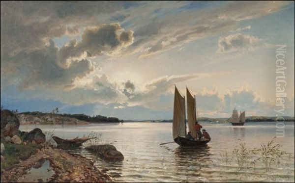 Iltatunnelmaa, Kalastajia Oil Painting by Magnus Hjalmar Munsterhjelm