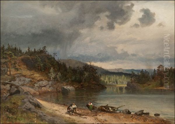 Kalastajia Rannalla Oil Painting by Magnus Hjalmar Munsterhjelm