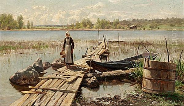 Sommarlandskap Med Flicka Pa Brygga Oil Painting by Magnus Hjalmar Munsterhjelm