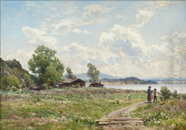 Aurinkoinen Kesaaamupaiva/aihe Hameesta Oil Painting by Magnus Hjalmar Munsterhjelm